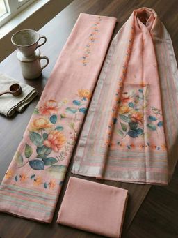 MEENA BAZAAR - Pink Floral Linen Unstitched Kurta with Pant and Dupatta