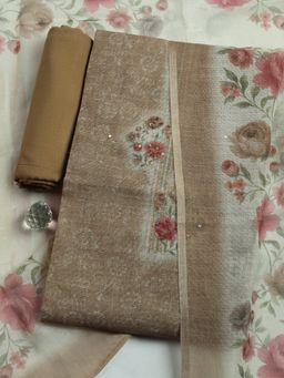 MEENA BAZAAR - Beige Floral Linen Unstitched Kurta with Pant and Dupatta