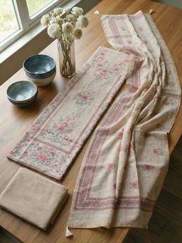 MEENA BAZAAR - Beige Floral Linen Unstitched Kurta with Pant and Dupatta