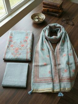MEENA BAZAAR - Blue Floral Linen Unstitched Kurta with Pant and Dupatta