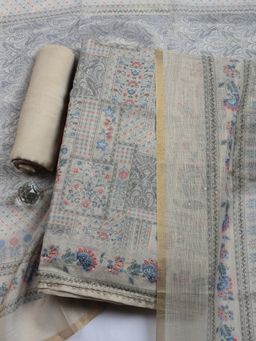MEENA BAZAAR - Beige Floral Linen Unstitched Kurta with Pant and Dupatta