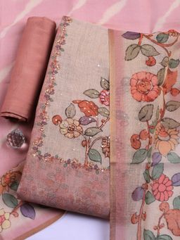 MEENA BAZAAR - Pink Floral Linen Unstitched Kurta with Pant and Dupatta