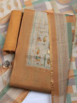 MEENA BAZAAR - Brown Embroidered Linen Unstitched Kurta with Pant and Dupatta