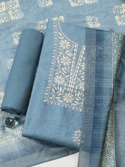 MEENA BAZAAR - Embroidered Grey Unstitched Kurta with Pant and Dupatta