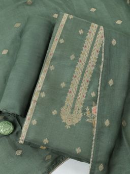 MEENA BAZAAR - Green Woven Chanderi Unstitched Kurta with Pant and Dupatta