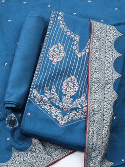 MEENA BAZAAR - Blue Embroidered Chanderi Unstitched Kurta with Pant and Dupatta