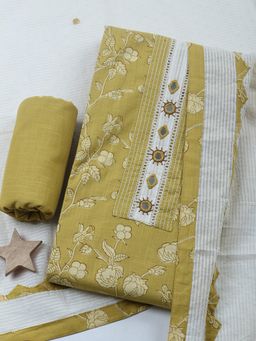 MEENA BAZAAR - Mustard Embroidered Cotton Unstitched Kurta with Pant and Dupatta