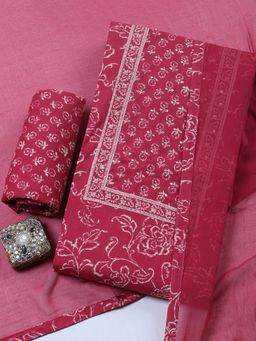MEENA BAZAAR - Pink Floral Cotton Unstitched Kurta with Pant and Dupatta