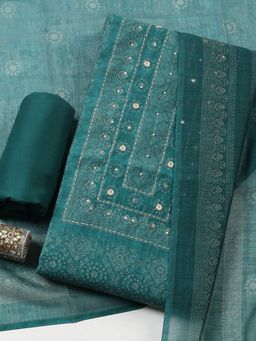 MEENA BAZAAR - Green Embroidered Linen Unstitched Kurta with Pant and Dupatta