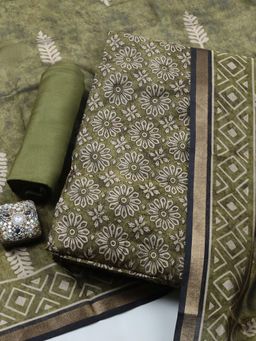 MEENA BAZAAR - Green Printed Unstitched Kurta with Pant and Dupatta