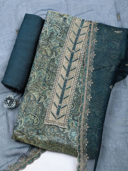 MEENA BAZAAR - Printed Blue Unstitched Kurta with Pant and Dupatta