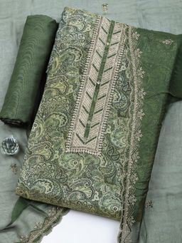 MEENA BAZAAR - Printed Green Unstitched Kurta with Pant and Dupatta