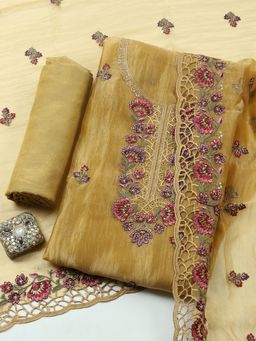 MEENA BAZAAR - Mustard Embroidered Art Silk Unstitched Kurta with Pant and Dupatta