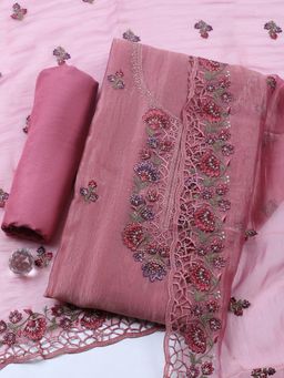 MEENA BAZAAR - Pink Embroidered Art Silk Unstitched Kurta with Pant and Dupatta