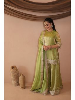 ORIBHA - Green Silk Solid Kurta with Sharara and Dupatta