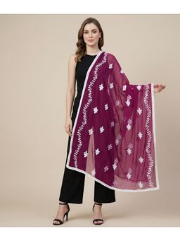 MUFFLY - Embroidered Buti Work Nazneen Chiffon Wine Ethnic Dupatta