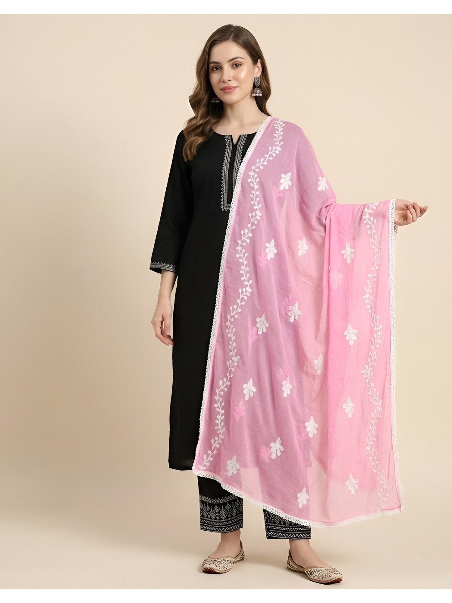 Embroidered Buti Work Nazneen Chiffon Pink Ethnic Dupatta-image-14