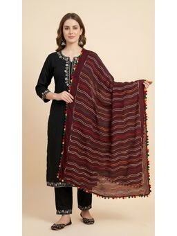 MUFFLY - Maroon Nazneen Chiffon Striped Embroidered with Tassel Border Dupatta