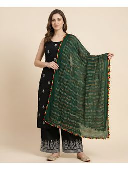 MUFFLY - Green Nazneen Chiffon Striped Embroidered with Tassel Border Dupatta
