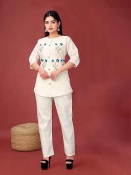 SURILI - Off-White Khadi Cotton Embroidery Ethnic Co-Ord Set