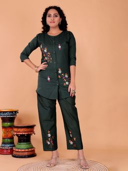SURILI - Mehndi Green Cotton Embroidery Co-Ord Set