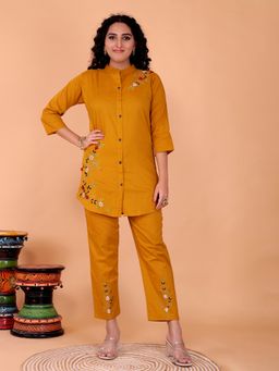 SURILI - Women's Yellow Cotton Embroidery Co-Ord Set