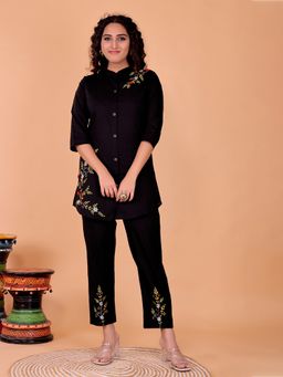 SURILI - Women's Black Cotton Embroidery Co-Ord Set