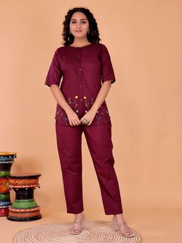 SURILI - Women's Maroon Cotton Embroidery Co-Ord Set