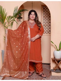 Miravan - Orange Silk Embroidered Kurta with Pant and Dupatta