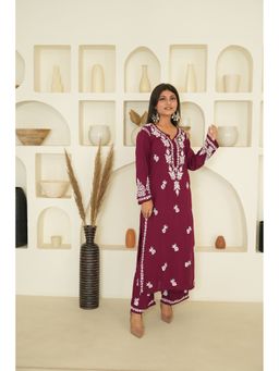 ORIBHA - Maroon Modal Embroidered Kurta with Palazzo