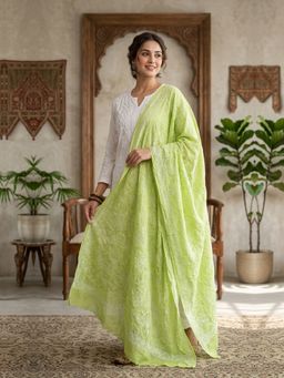 PARAMOUNT CHIKAN - Green Hand Embroidered Cotton Chikankari Dupatta