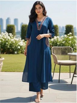 Miravan - Blue Cotton Embroidered Kurta with Palazzo