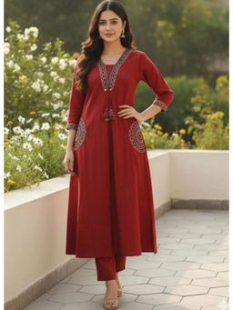Miravan - Brown Cotton Embroidered Kurta with Palazzo