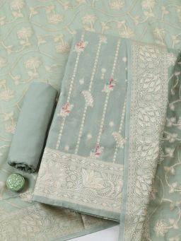 MEENA BAZAAR - Woven Green Unstitched Kurta with Pant and Dupatta