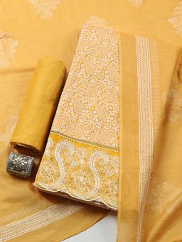MEENA BAZAAR - Mustard Paisley Cotton Unstitched Kurta with Pant and Dupatta