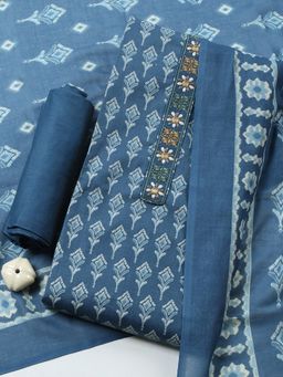 MEENA BAZAAR - Blue Printed Cotton Unstitched Kurta with Pant and Dupatta