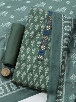 MEENA BAZAAR - Green Printed Cotton Unstitched Kurta with Pant and Dupatta