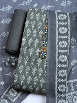 MEENA BAZAAR - Grey Printed Cotton Unstitched Kurta with Pant and Dupatta