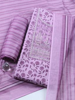 MEENA BAZAAR - Lavender Embroidered Cotton Unstitched Kurta with Pant and Dupatta