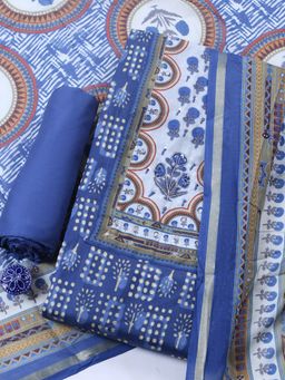 MEENA BAZAAR - Blue Printed Cotton Unstitched Kurta with Pant and Dupatta