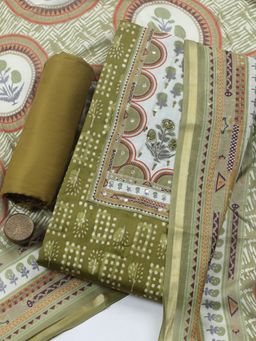 MEENA BAZAAR - Green Printed Cotton Unstitched Kurta with Pant and Dupatta