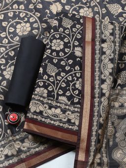 MEENA BAZAAR - Black Floral Cotton Unstitched Kurta with Pant and Dupatta