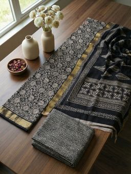 MEENA BAZAAR - Black Floral Cotton Unstitched Kurta with Pant and Dupatta