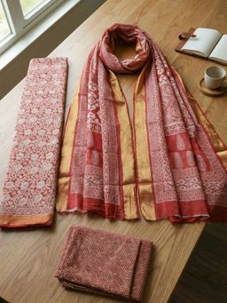 MEENA BAZAAR - Red Floral Cotton Unstitched Kurta with Pant and Dupatta