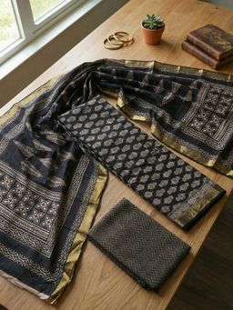 MEENA BAZAAR - Black Printed Cotton Unstitched Kurta with Pant and Dupatta