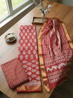 MEENA BAZAAR - Maroon Printed Cotton Unstitched Kurta with Pant and Dupatta