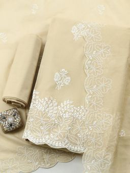 MEENA BAZAAR - Beige Embroidered Cotton Unstitched Kurta with Pant and Dupatta
