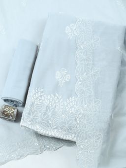MEENA BAZAAR - Grey Embroidered Cotton Unstitched Kurta with Pant and Dupatta