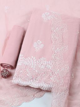 MEENA BAZAAR - Pink Embroidered Cotton Unstitched Kurta with Pant and Dupatta