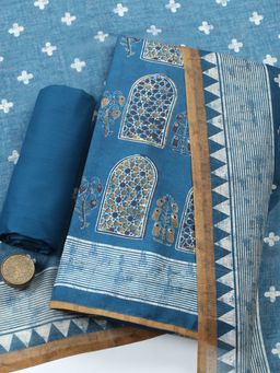 MEENA BAZAAR - Blue Printed Cotton Unstitched Kurta with Pant and Dupatta